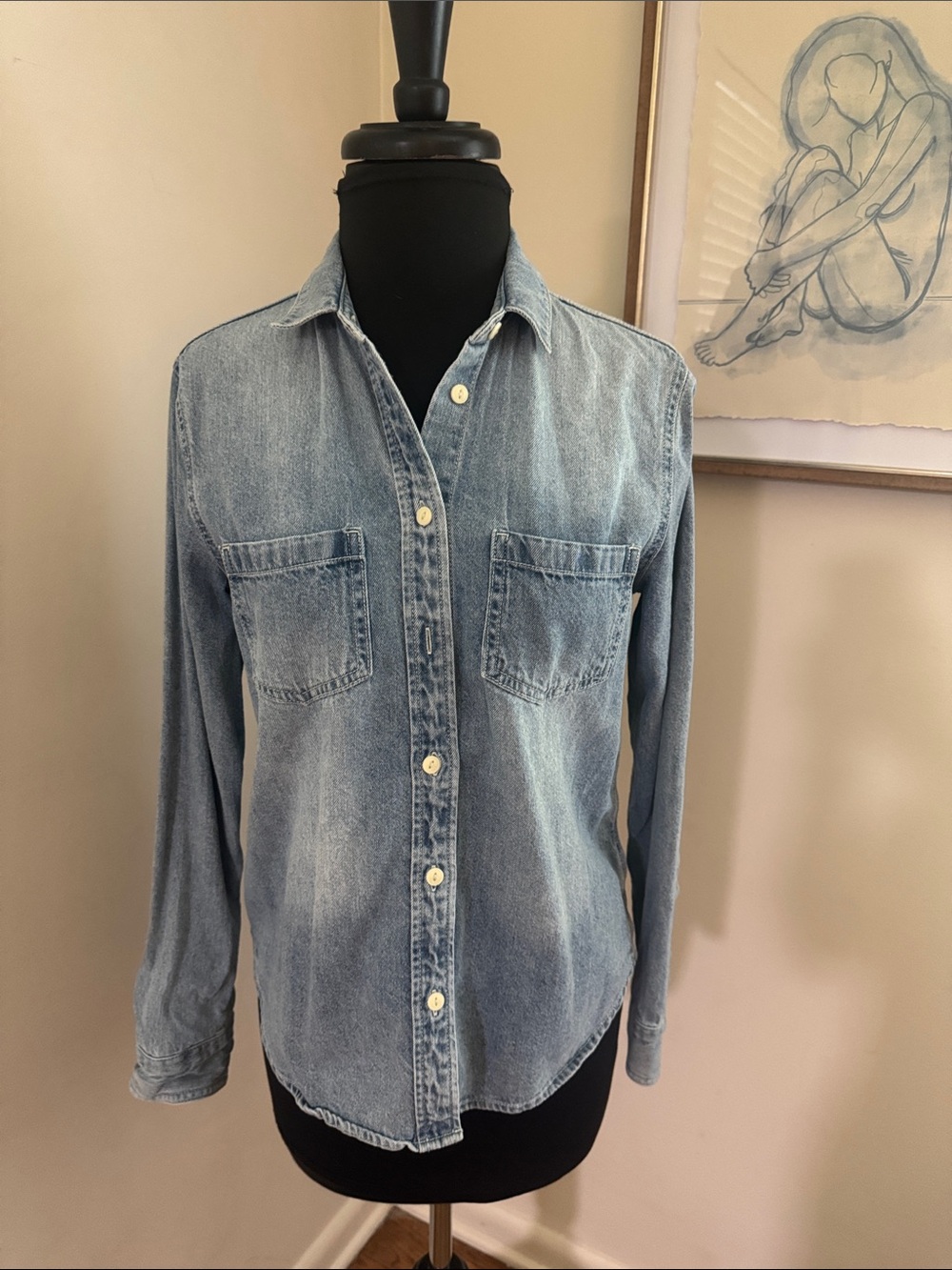 Quince | Distressed Denim Shirt Long Sleeve-Size Small